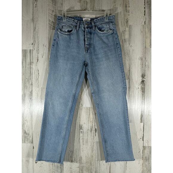 Zara TRF Cropped Jeans Size 28x25.5 High Wash Straight Leg Button Fly Distressed - Picture 1 of 6